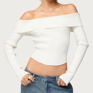 Edikted Off-Shoulder Cream Ribbed Sweater